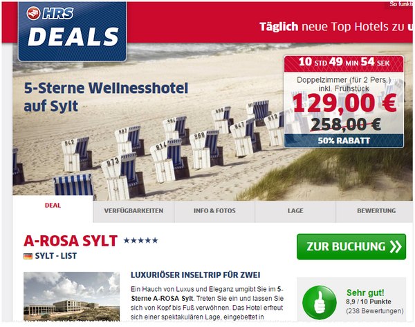 A-Rosa Sylt 5-Sterne-Hotel-Schnäppchen bei den HRS-Deals für 129 €