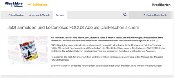 Miles & More Kreditkarte mit FOCUS-Jahresabo gratis