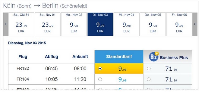 Ryanair Flüge zwischen Köln & Berlin ab 9,98 €