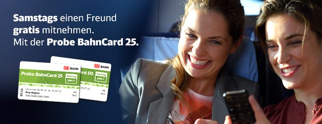Probe BahnCard Samstag Plus 1: Eine Person samstags gratis mitnehmen, Preis ab 25 € für 3 Monate!