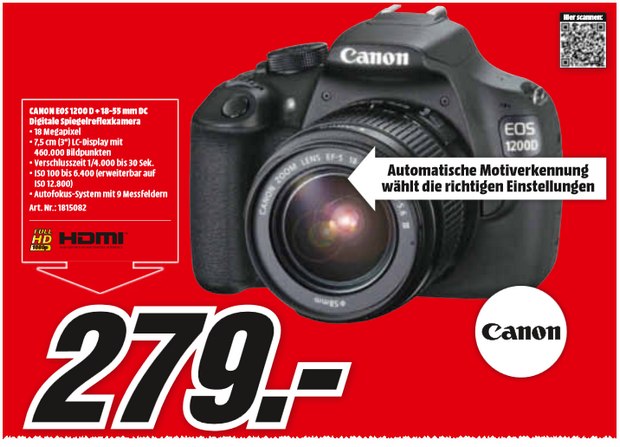 Canon EOS 1200D aus dem Media Markt Prospekt für 279 €