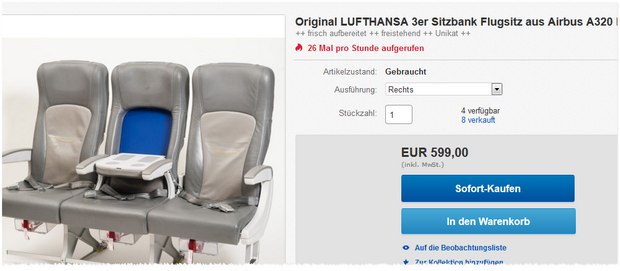 Lufthansa Sitzbank aus dem Airbus A320 (3er-Sitzbank) gebraucht für 599 €