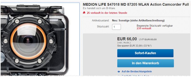 Wasserdichte Medion Action-Cam Medion Life S47018 MD 87205 als B-Ware-Angebot heute nur 66 €