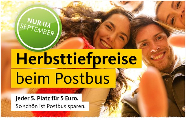 Postbus Herbsttiefpreise: Jeder 5. Platz = 5 €