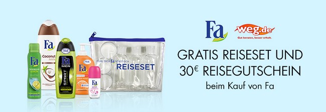 Fa Reisegutschein über 30 € zum Kauf eines Fa Artikels über Amazon – inklusive 7-teiligem Reiseset